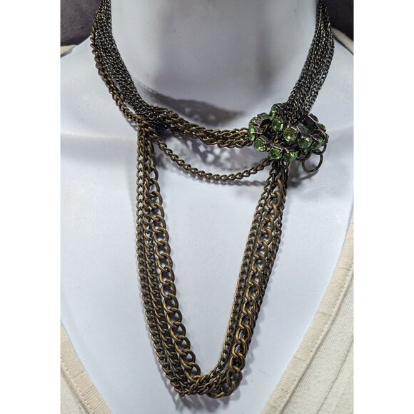 Vintage Glam Layered Gold Tone Adjustable Necklace With Green Rhinestone Rings - Picture 1 of 10